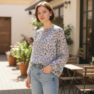 Grey floral print long sleeve blouse